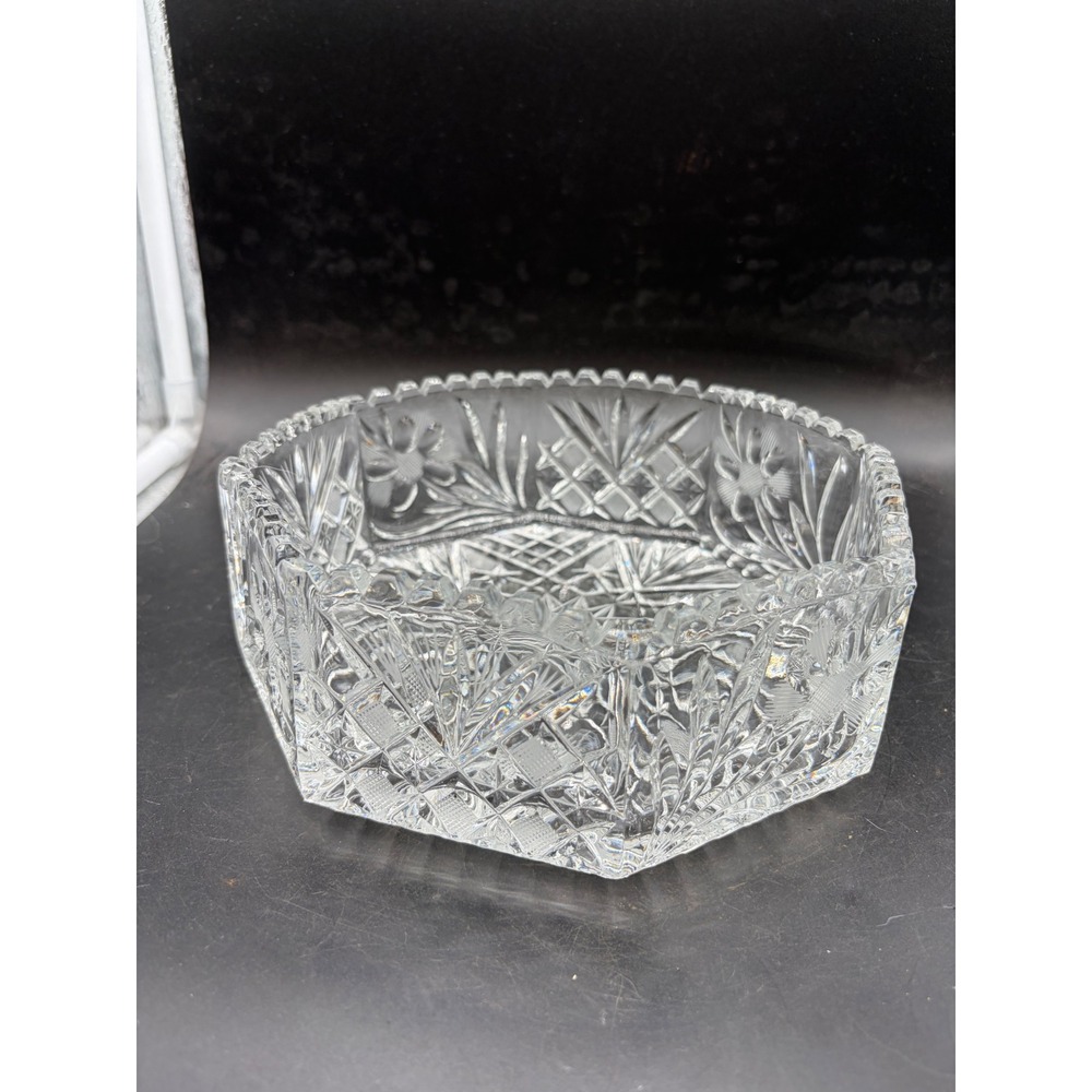 Vintage Brilliant Cut Crystal Octagonal Bowl Sawtooth Rim Star Pinwheel Pattern